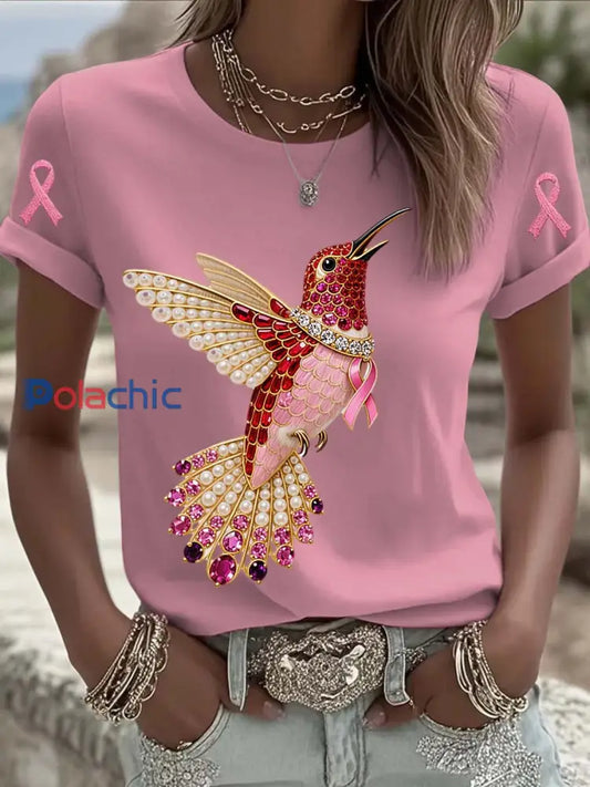 T shirt à manches courtes en coton décontracté et confortable imprimé de perles de colibri de cancer du sein vintage