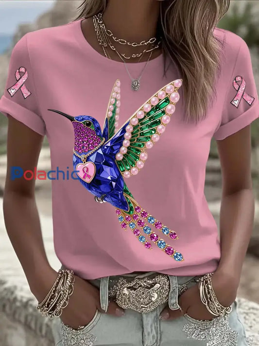 T shirt à manches courtes en coton décontracté et confortable imprimé de perles de colibri de cancer du sein vintage