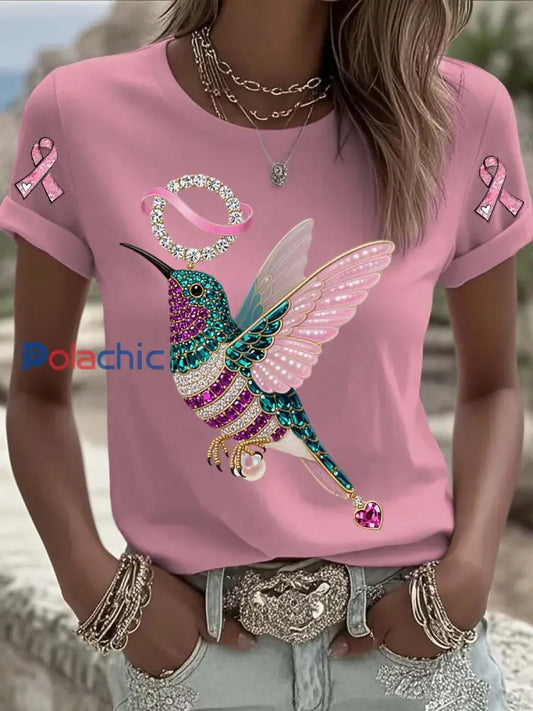 T shirt à manches courtes en coton décontracté et confortable imprimé de perles de colibri de cancer du sein vintage