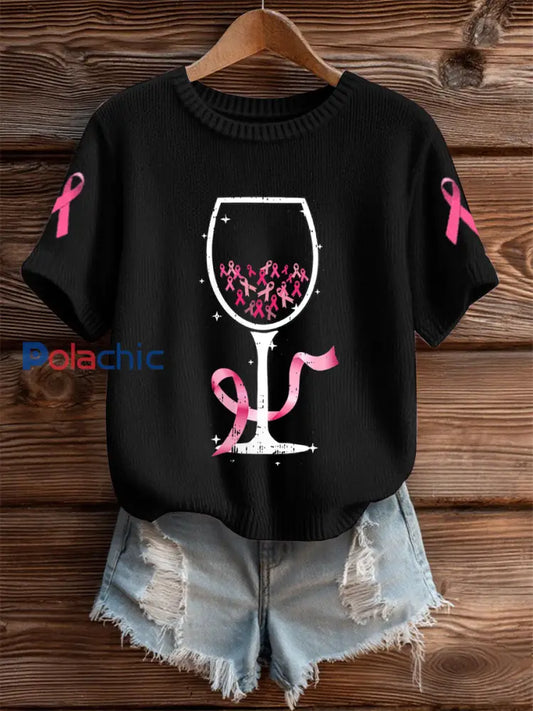 T shirt à manches courtes en verre à vin Breast Cancer Femme Noir / S