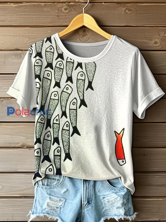 T-shirt à manches courtes femme Vintage Fish Print Abricot / S