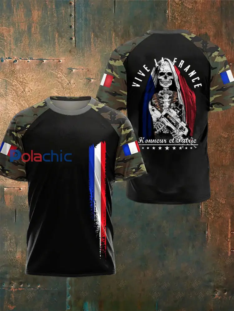 T-shirt à manches courtes imprimé armée française pour hommes Noir / S