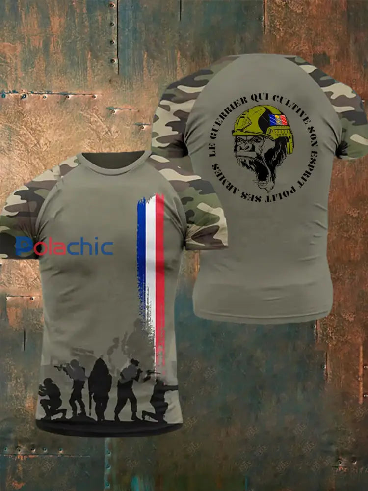 T-shirt à manches courtes imprimé armée française pour hommes vert armée / S