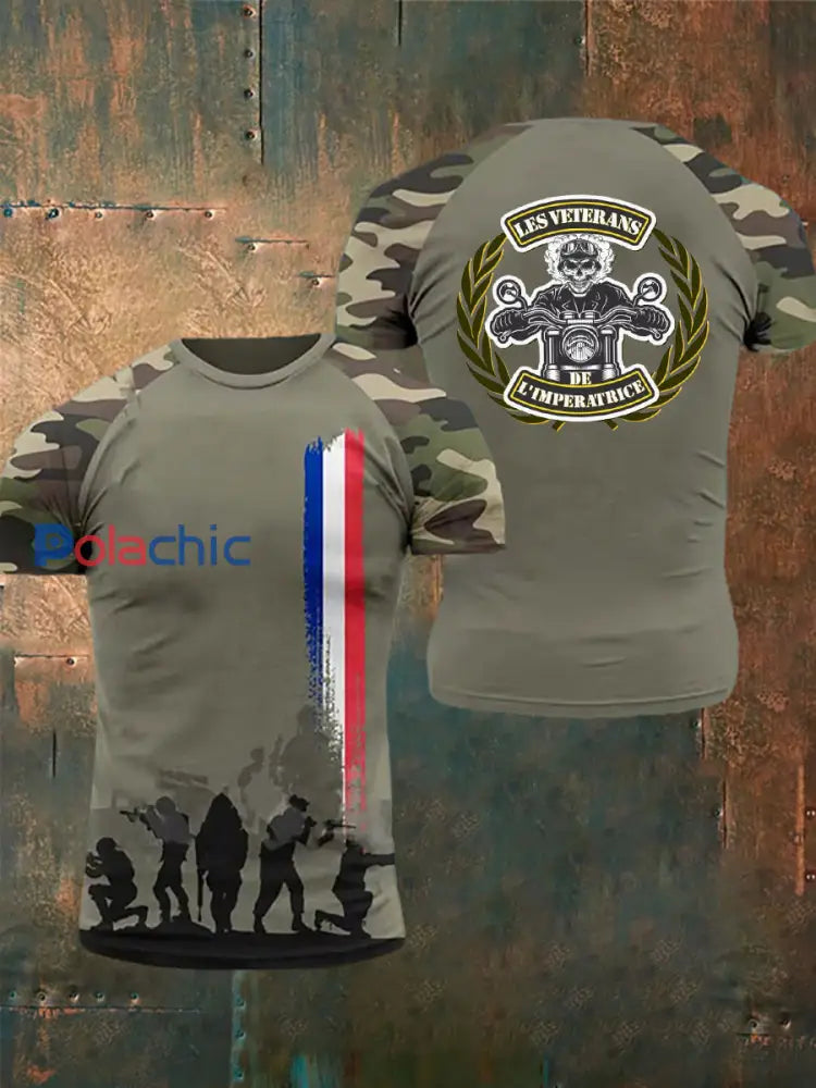 T-shirt à manches courtes imprimé armée française pour hommes vert armée / S