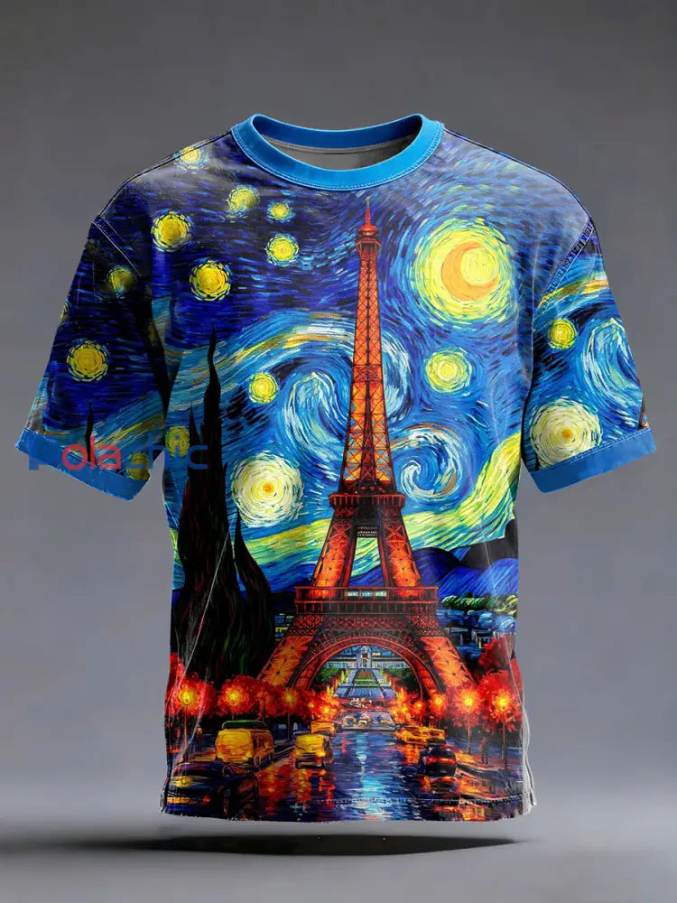 T-shirt à manches courtes imprimé ciel étoilé Paris peinture à l’huile pour hommes comme image / S