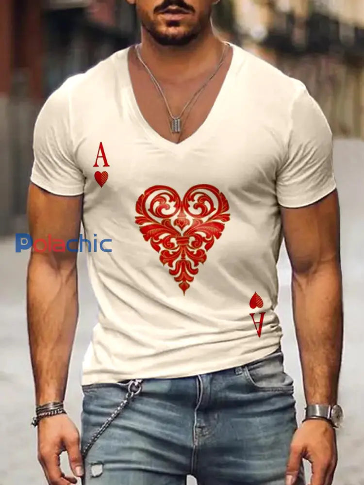 T-shirt à manches courtes imprimé à col en V pour hommes Abricot / S