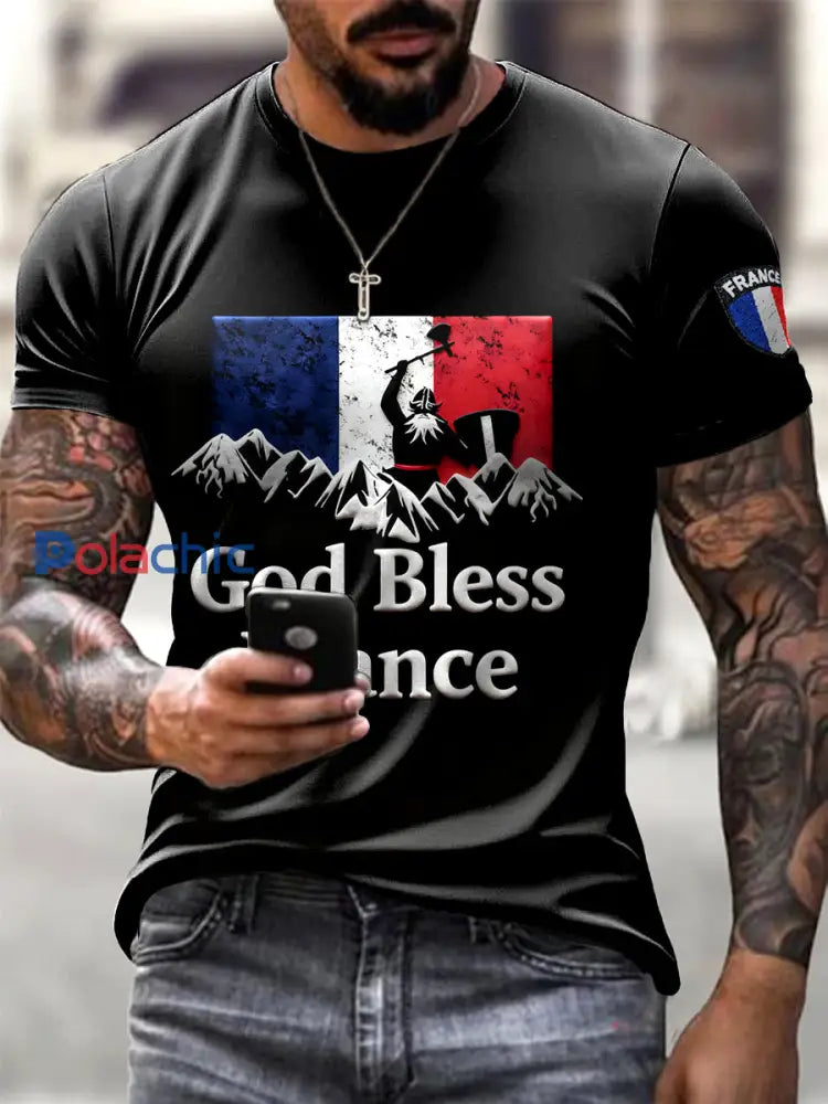 T-shirt à manches courtes imprimé drapeau français pour homme Noir / S