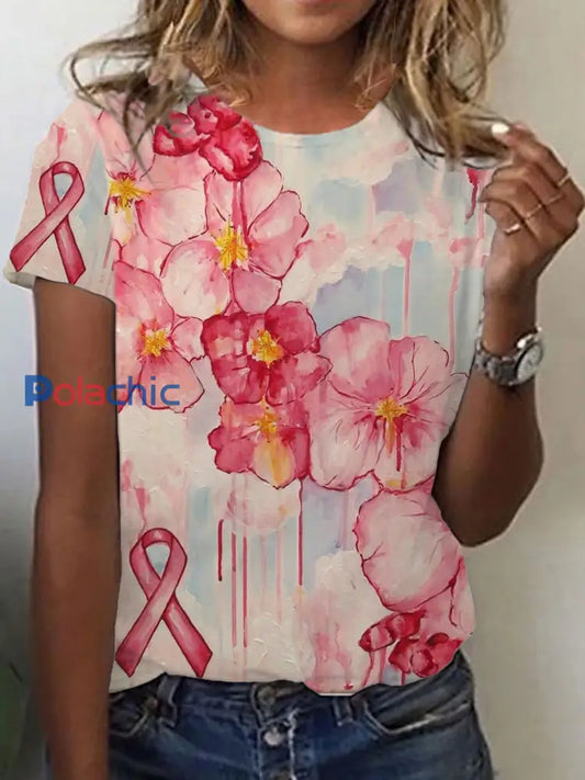 T-shirt à manches courtes imprimé fleurs du ruban rose cancer du sein pour femmes comme image / S