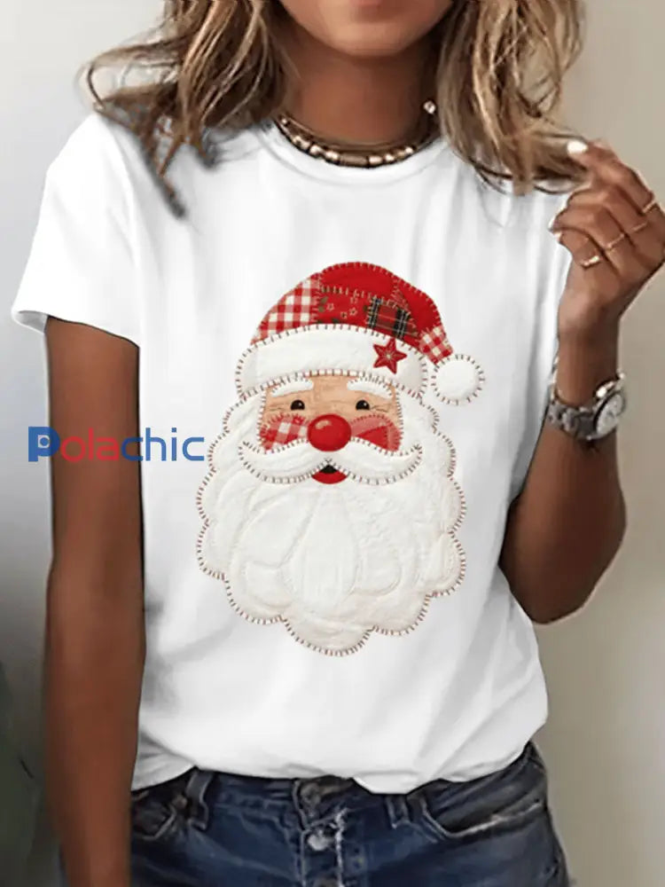 T-shirt à manches courtes imprimé Père Noël pour femmes blanc / S