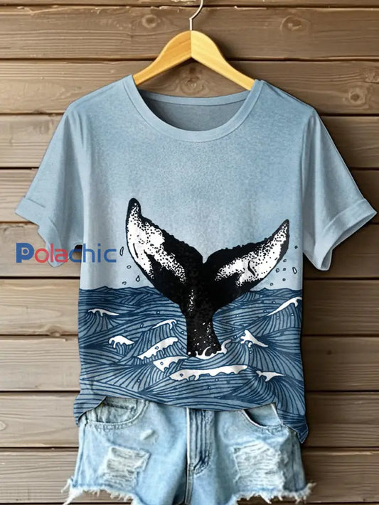 T-shirt à manches courtes à imprimé Whale Art Femme Bleu / S