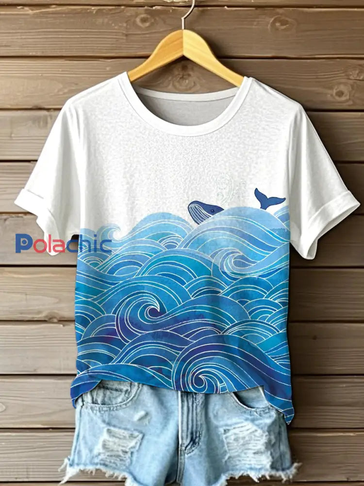 T-shirt à manches courtes à imprimé Whale Art Femme comme image / S