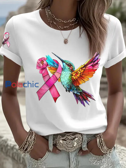 T shirt à manches courtes pour femme avec ruban rose Colibri du cancer du sein Blanc / S