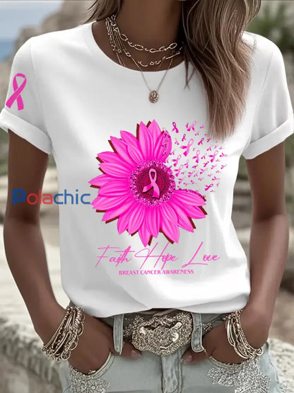 T shirt à manches courtes pour femmes avec ruban rose tournesol sensibilisation au cancer du sein Blanc / S