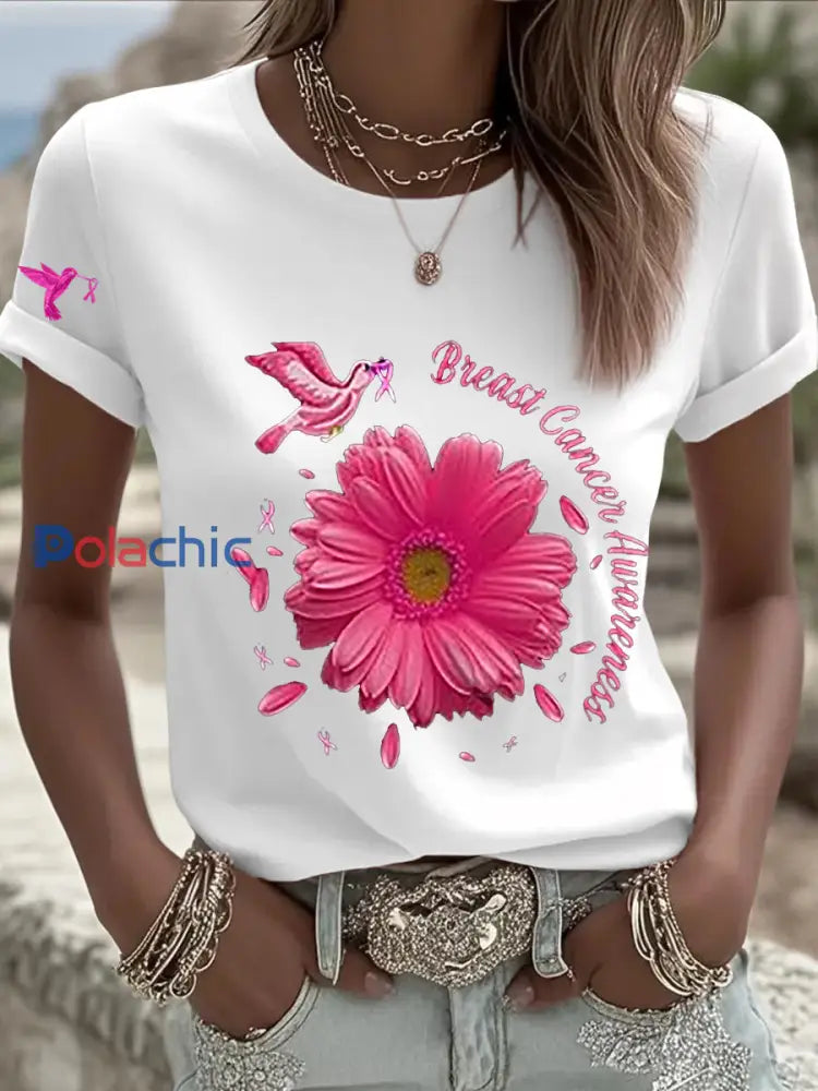T shirt à manches courtes pour femmes avec ruban rose tournesol sensibilisation au cancer du sein Blanc / S