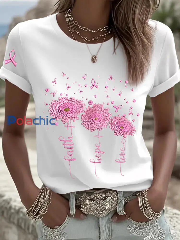 T shirt à manches courtes pour femmes avec ruban rose tournesol sensibilisation au cancer du sein Blanc / S
