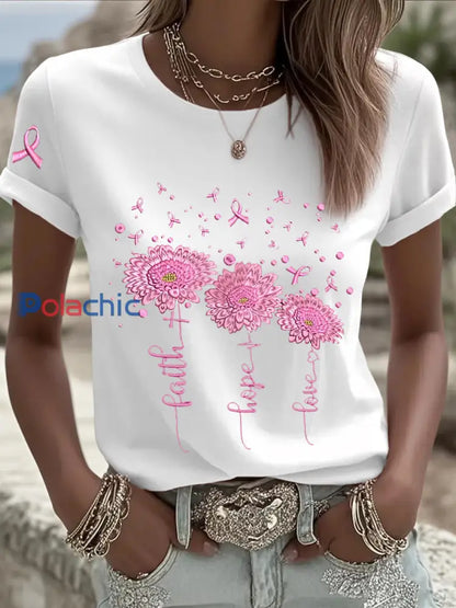 T shirt à manches courtes pour femmes avec ruban rose tournesol sensibilisation au cancer du sein Blanc / S