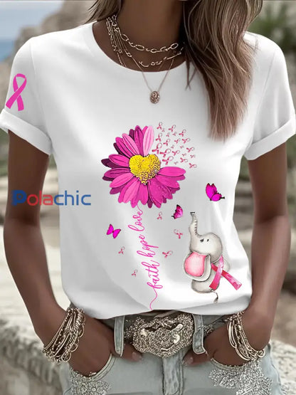 T shirt à manches courtes pour femmes avec ruban rose tournesol sensibilisation au cancer du sein Blanc / S