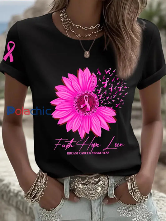 T shirt à manches courtes pour femmes avec ruban rose tournesol sensibilisation au cancer du sein Noir / S
