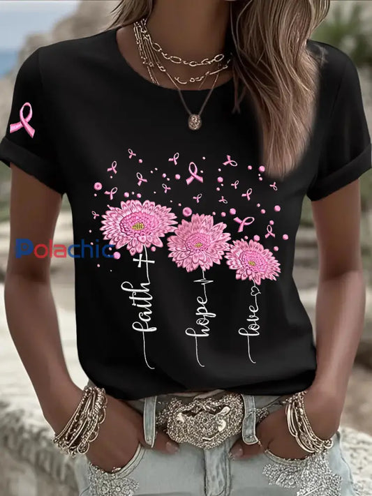 T shirt à manches courtes pour femmes avec ruban rose tournesol sensibilisation au cancer du sein Noir / S