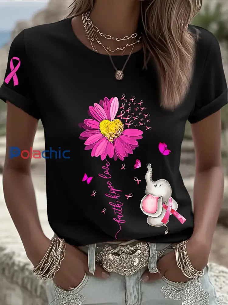 T shirt à manches courtes pour femmes avec ruban rose tournesol sensibilisation au cancer du sein Noir / S