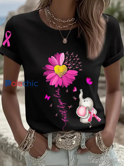 T shirt à manches courtes pour femmes avec ruban rose tournesol sensibilisation au cancer du sein Noir / S