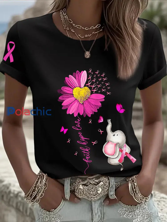 T shirt à manches courtes pour femmes avec ruban rose tournesol sensibilisation au cancer du sein Noir / S