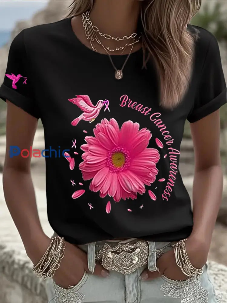 T shirt à manches courtes pour femmes avec ruban rose tournesol sensibilisation au cancer du sein Noir / S