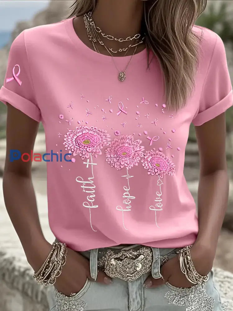T shirt à manches courtes pour femmes avec ruban rose tournesol sensibilisation au cancer du sein Rose / S