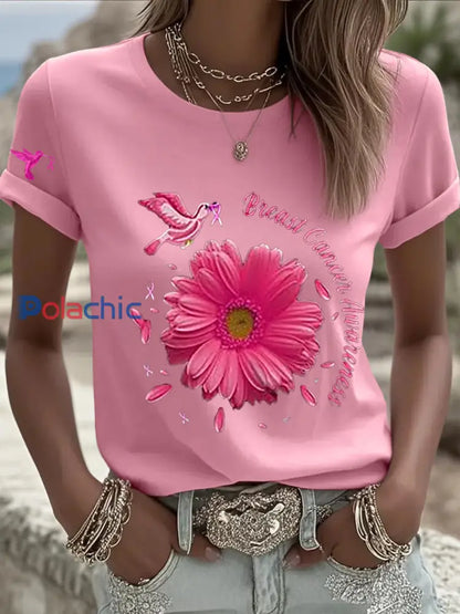 T shirt à manches courtes pour femmes avec ruban rose tournesol sensibilisation au cancer du sein Rose / S