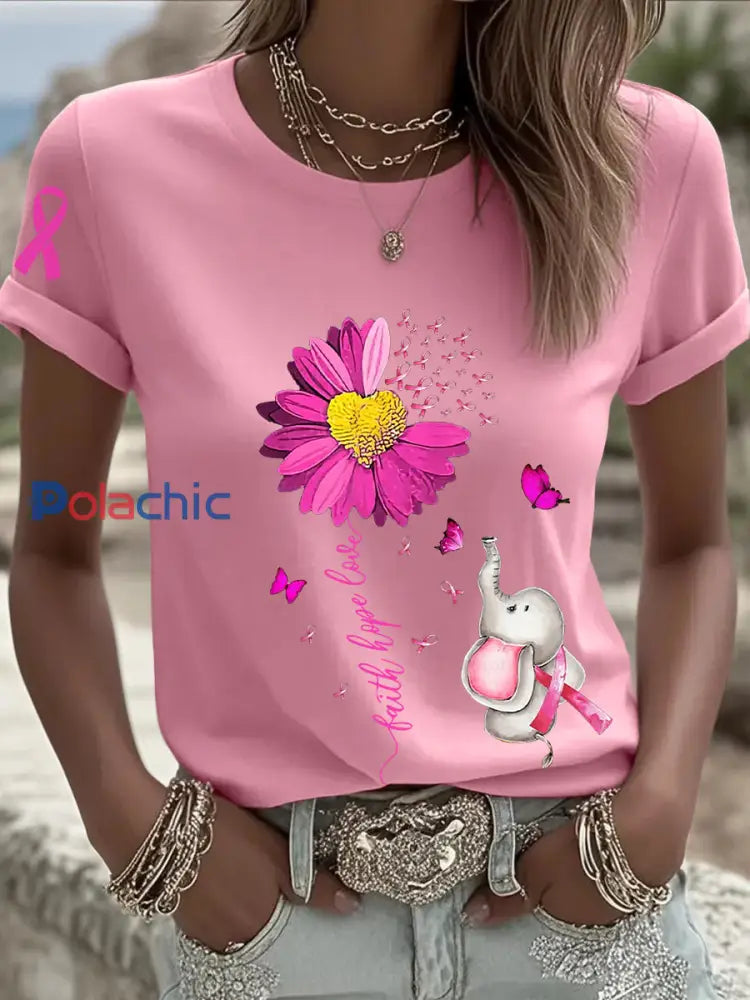 T shirt à manches courtes pour femmes avec ruban rose tournesol sensibilisation au cancer du sein Rose / S
