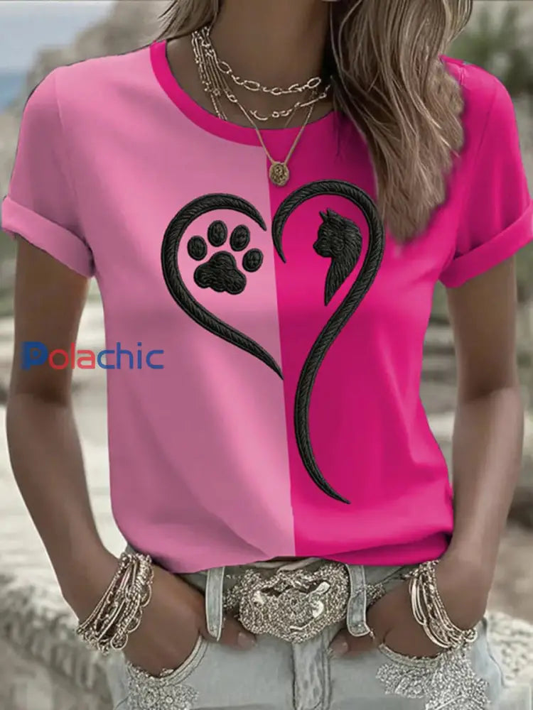 T-shirt à manches courtes pour femmes Breast Cancer Awareness Cat Rose Rouge / S