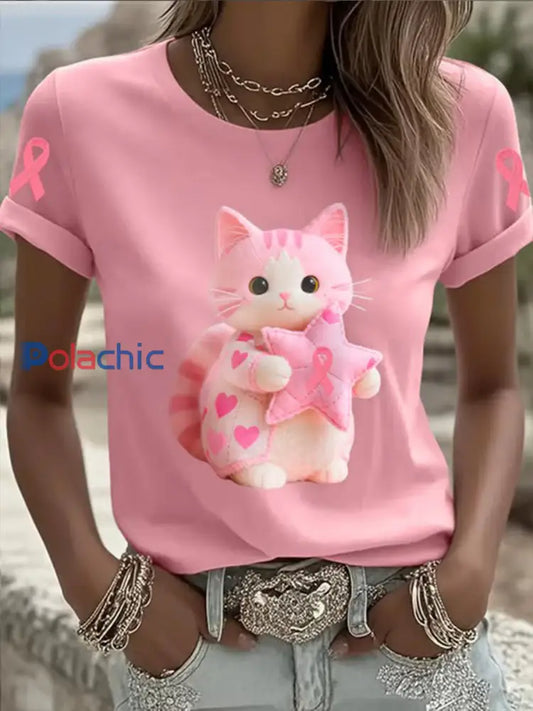 T shirt à manches courtes pour femmes Breast Cancer Awareness Cat Rose / S