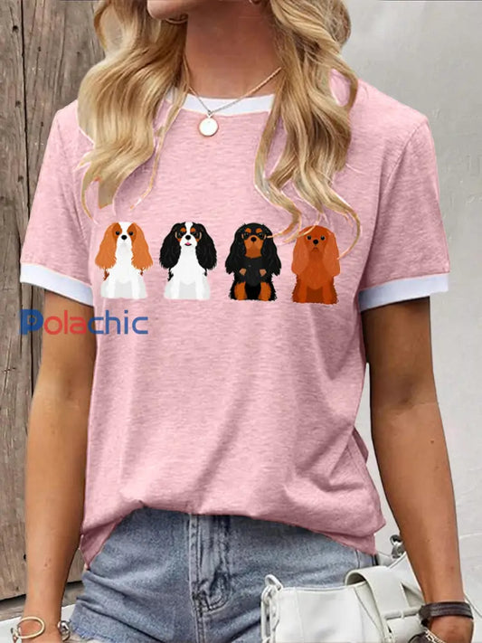 T-shirt à manches courtes pour femmes mignon chien Art Print Rose / S