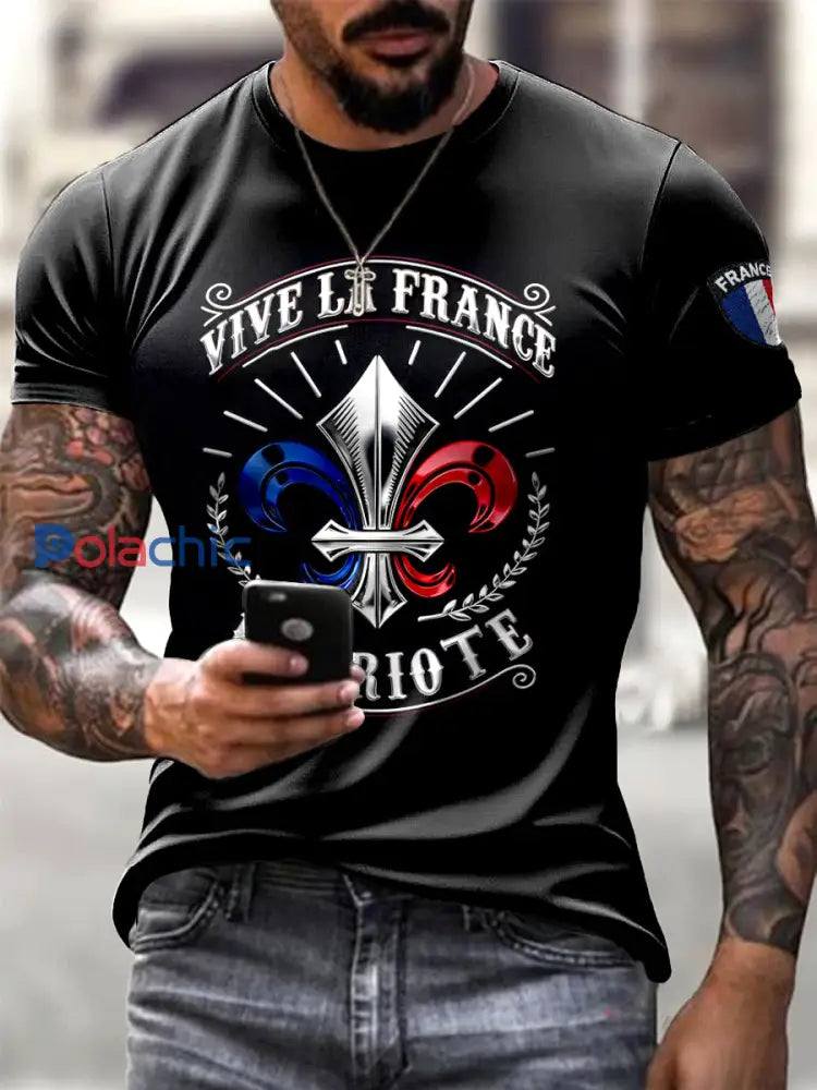 T-shirt à manches courtes pour homme décontracté noir imprimé drapeau français Noir / S