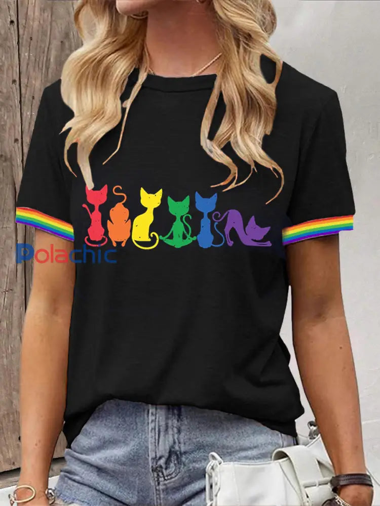 T-shirt à manches courtes Rainbow Cats Print Femme Noir / S