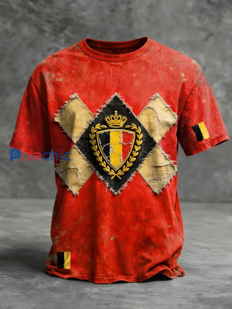 T-shirt à manches courtes rouge patchwork imprimé drapeau belge pour homme Rouge / S