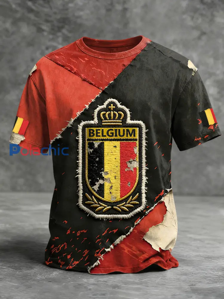 T-shirt à manches courtes vintage avec imprimé drapeau belge pour hommes Multicolore / S