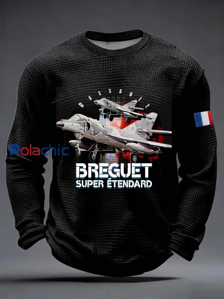T-shirt à manches longues Avion de chasse Dassault Super Etendard Breguet Frech Waffle pour homme Noir / S