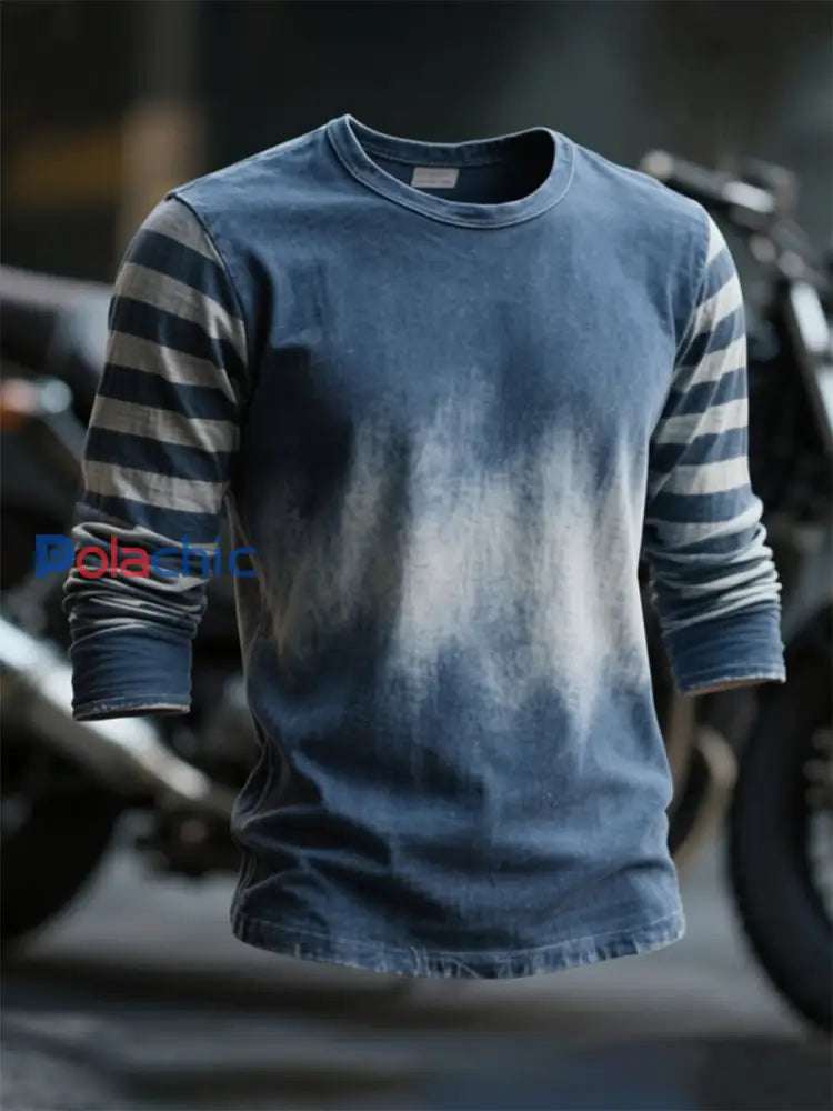 T-shirt à manches longues bleu denim délavé vintage pour hommes Bleu / S