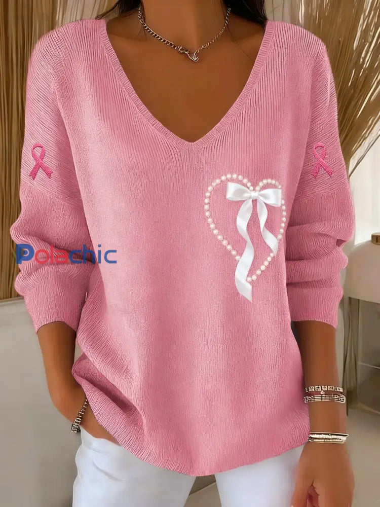T-shirt à manches longues Casual Women’s Breast Cancer Awareness Print Rose / S