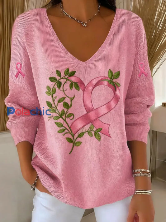 T-shirt à manches longues Casual Women’s Breast Cancer Awareness Print Rose / S