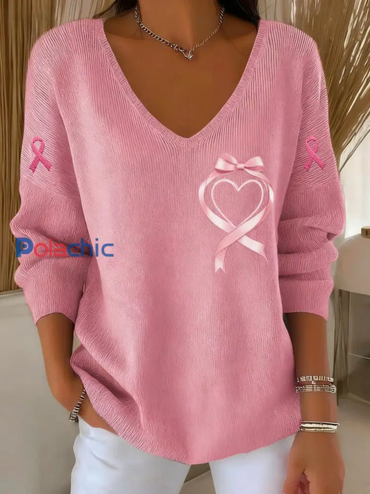 T-shirt à manches longues Casual Women’s Breast Cancer Awareness Print Rose / S