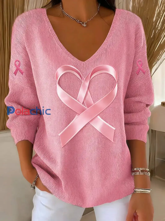 T-shirt à manches longues Casual Women’s Breast Cancer Awareness Print Rose / S