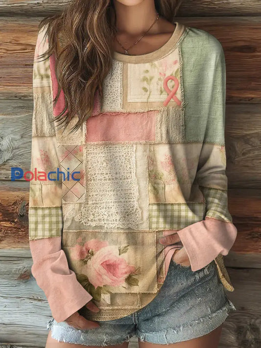 T shirt à manches longues col rond en patchwork floral rose pour femme comme image / S
