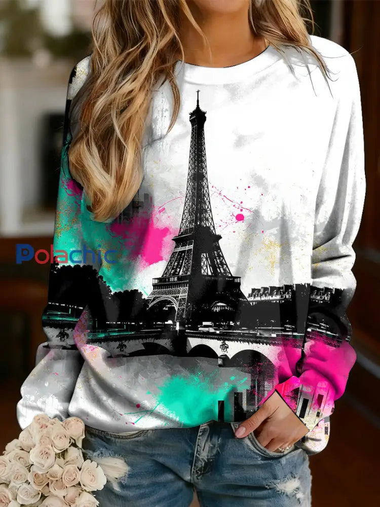 T-shirt à manches longues décontracté French Graffiti pour femme Multicolore / S