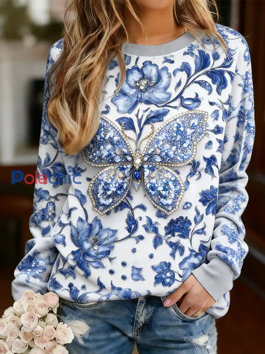 T-shirt à manches longues décontracté à imprimé floral pour femmes Bleu / S