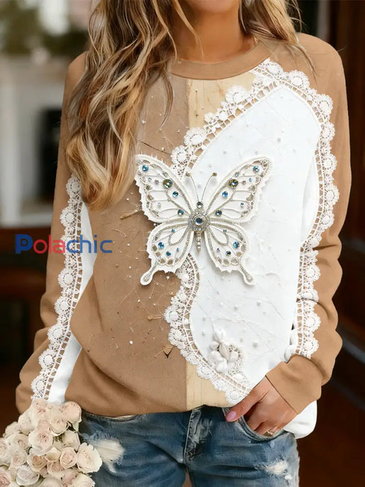 T-shirt à manches longues décontracté à imprimé patchwork en dentelle papillon pour femmes Café / S