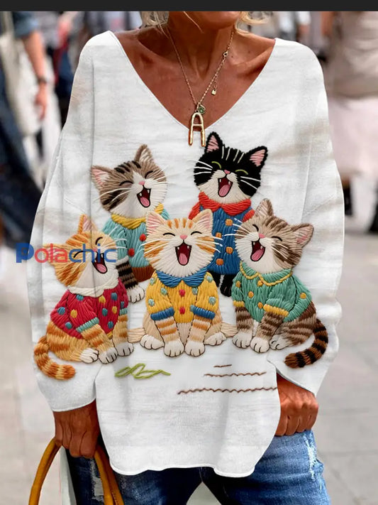 T-shirt à manches longues décontracté pour femmes Retro Cat Art Print A / S
