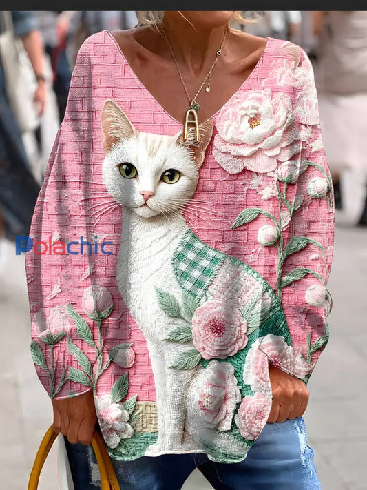 T shirt à manches longues décontracté pour femmes Retro Cat Art Print A / S