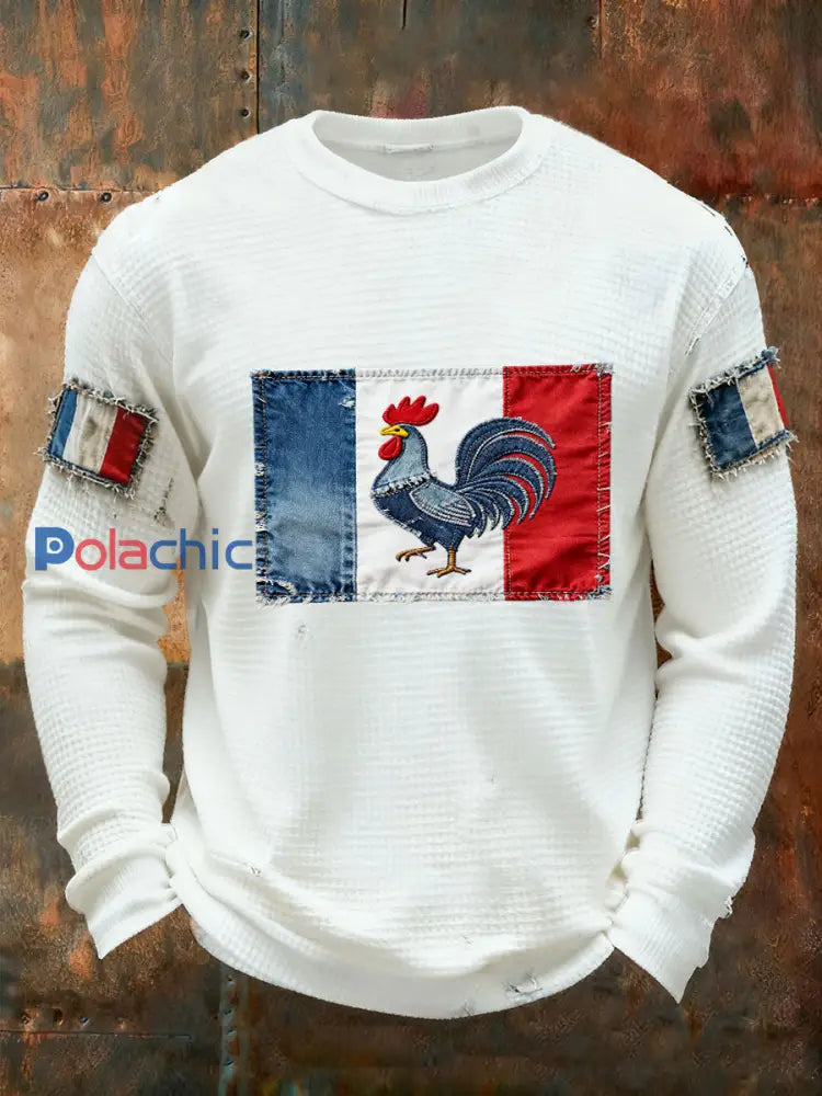 T-shirt à manches longues Drapeau Français Le Coq Gaulois pour homme Blanc / S